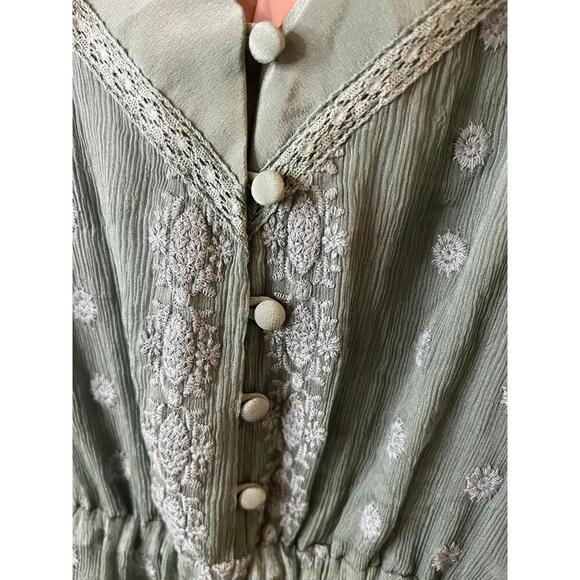 ARYNK Green Floral Silk Sundress Asymmetric Hem Adjustable Strap Button Detail M - Picture 7 of 9